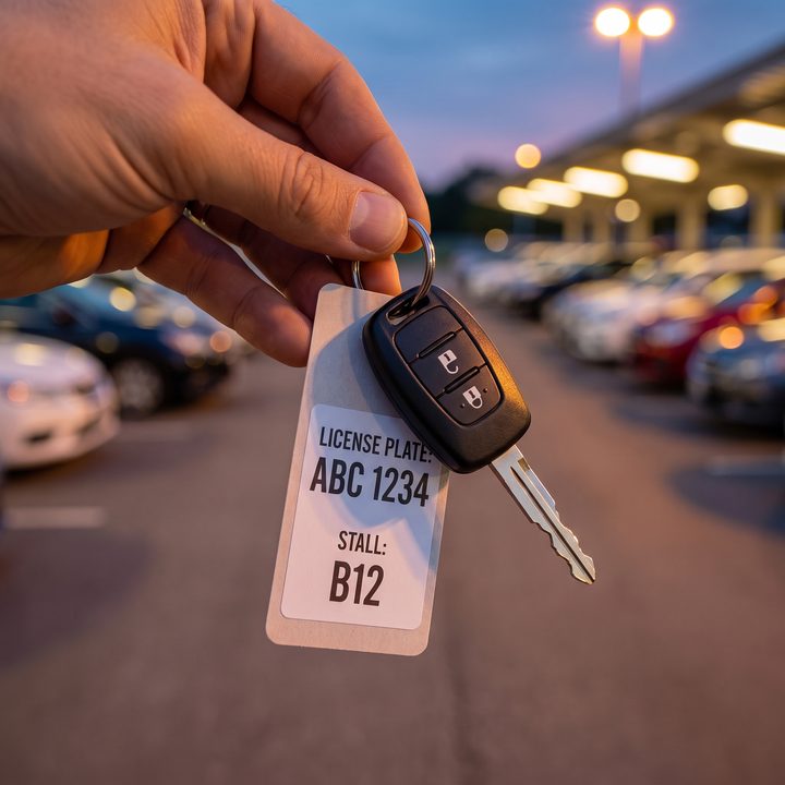 A car key with a rental tag showing license plate ABC 1234 and stall B12