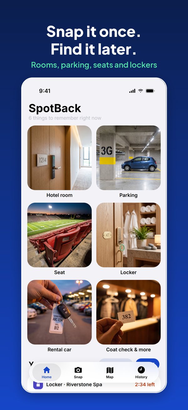 SpotBack's Home screen with photo tiles for hotel room, parking, seat, locker, rental car and coat check.