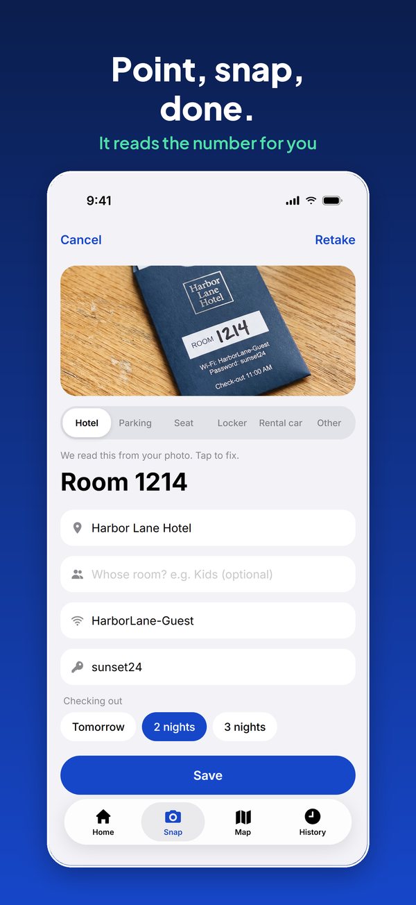 SpotBack reading Room 1214, the Wi-Fi network and password from a photo of a hotel key sleeve.
