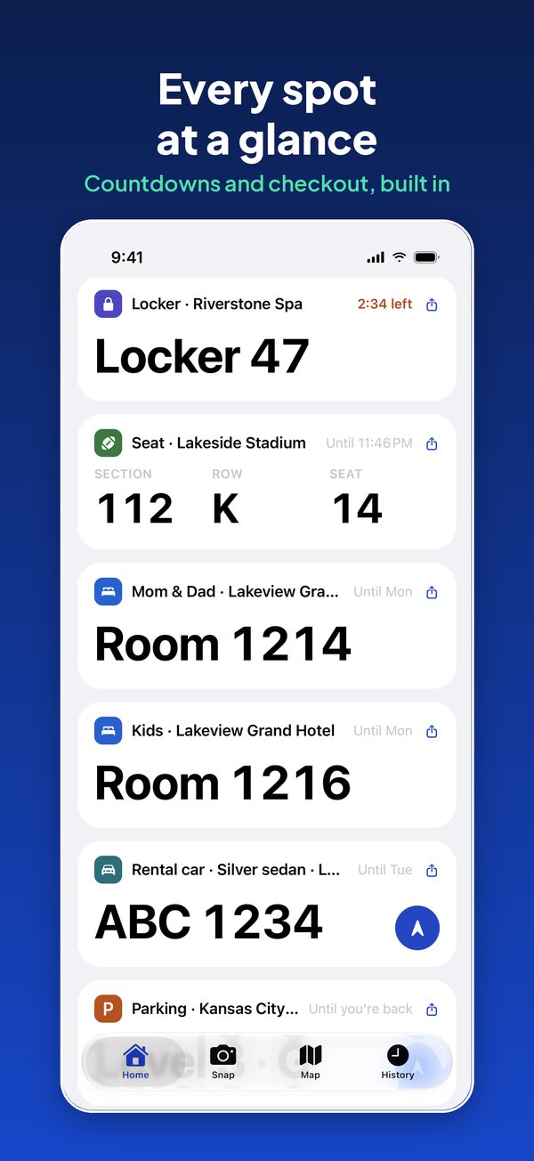 A list of saved spots: a locker with a countdown, stadium seats, two hotel rooms and a rental car.