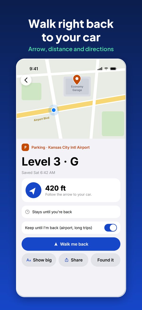An airport parking spot on a map, with an arrow showing the car is 420 feet away and a Walk me back button.