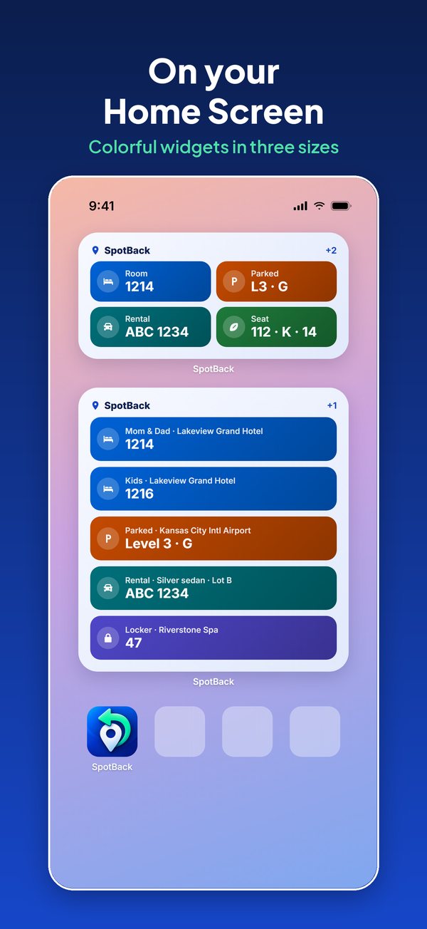 Colorful SpotBack widgets on an iPhone Home Screen showing rooms, parking, a rental car, seats and a locker.